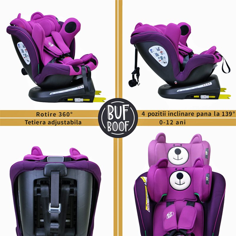 TWT Plus iSize Buf Boof UrsPurple Dječja sjedalica s ISOFIX-om, 360° rotirajuća, gornji pričvrsni remen, 0-36 kg, 40-150 cm - Slika 7