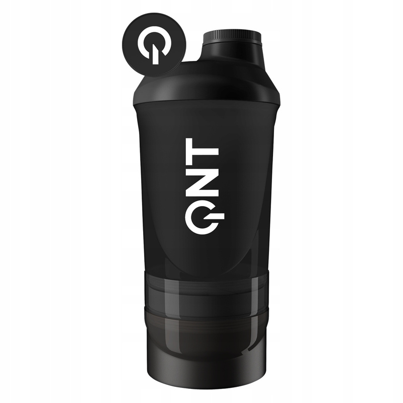 QNT 600ml+350ml Crni Shaker s Posudom za Dodatke i Mješalicom - Idealno za Teretanu i Fitness