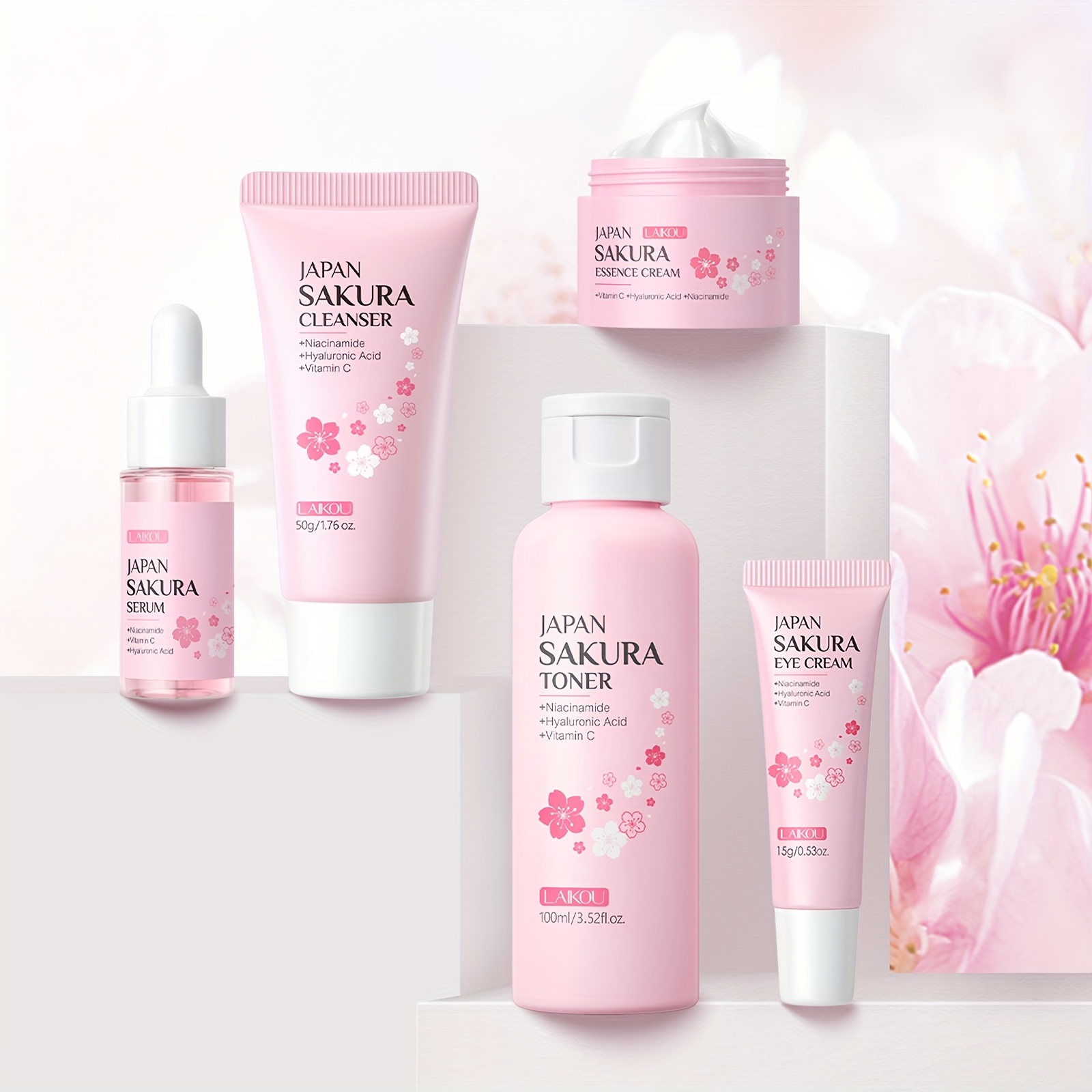 LAIKOU Vitamin C i Sakura Trešnjin Cvijet Svijetlo Bež Set za Njegu za Žene i Muškarce - Dnevni i Noćni Rutinski Komplet s Serumom Vitamina C za Posvjetljivanje i Sakura Proizvodima za Hidrataciju - Prikladno za Sve Tipove Svijetlo Bež Kože (Osjetljiva, Suha, Masna) - Idealno - Slika 6