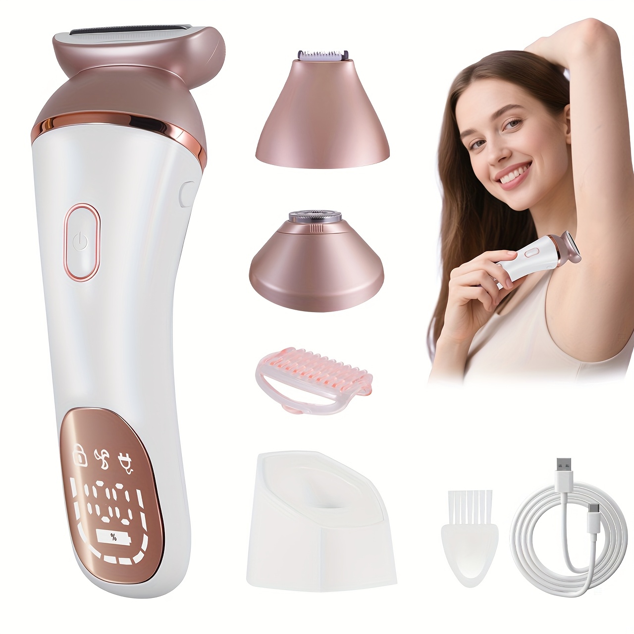 Ženski epilator za lice s tri glave | Punjivi, pametni boja riže ruža, oštrice od nehrđajućeg čelika, USB punjenje, marka HATTEKER, set tri u jedan za podplatice i intimno čišćenje, rođendanski poklon za djevojku, ceremonija za odrasle - Slika 3