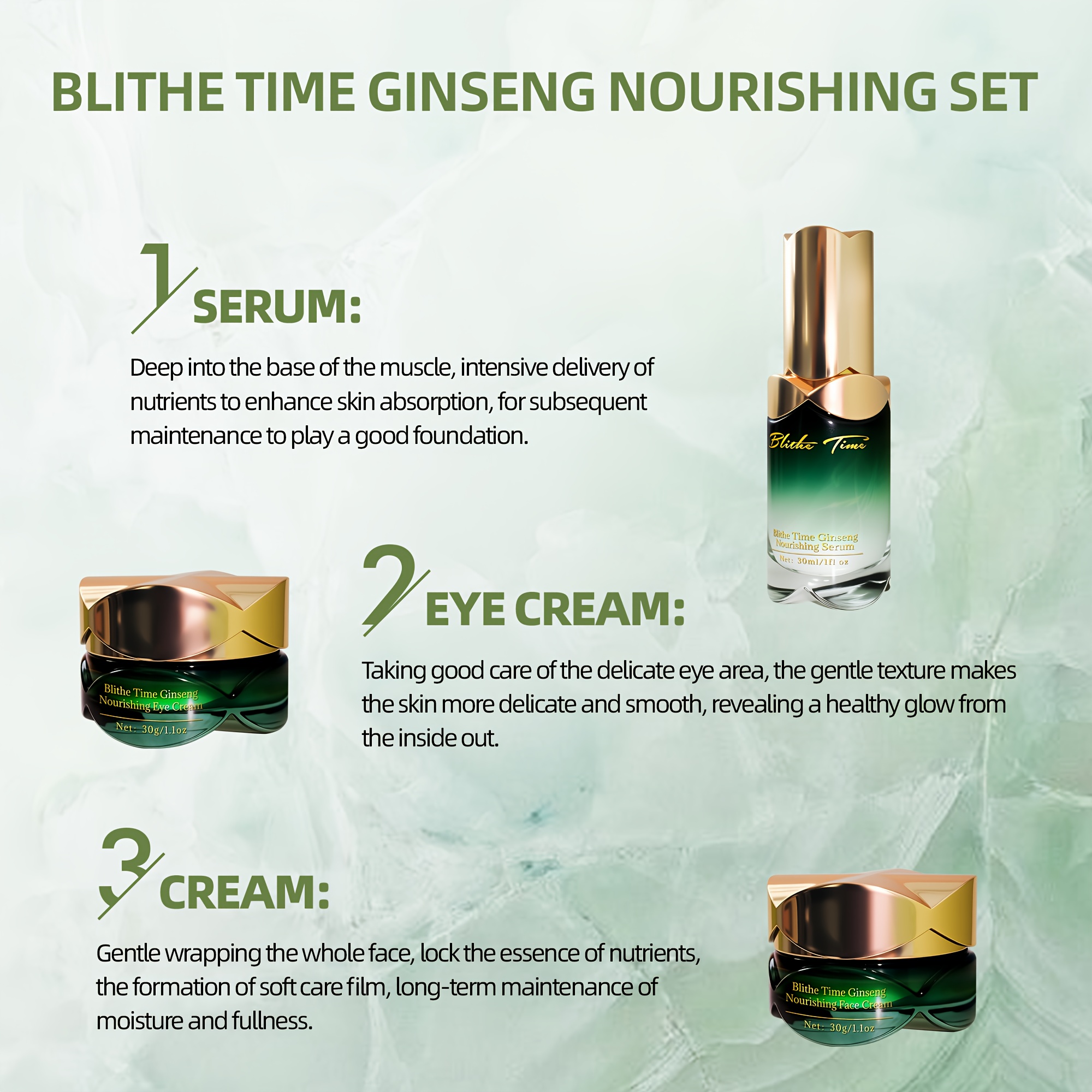 Blithe Time GINSENG HRANJIVI SET OD 4 KOMADA, SADRŽI KREMU ZA LICE, KREMU ZA OČI, ULJE ZA LICE, ŠTAPIĆ ZA MASAŽU LICA, SADRŽI EKSTRAKT KORENJA GINSENGA I DRUGE BILJNE EKSTRAKTE, ZATEŽUJE SVJETLO BEŽ TON, SET ZA NJEGU KOŽE ZA ŽENE, ČINI SVJETLO BEŽ TON MLAĐIM - Slika 5