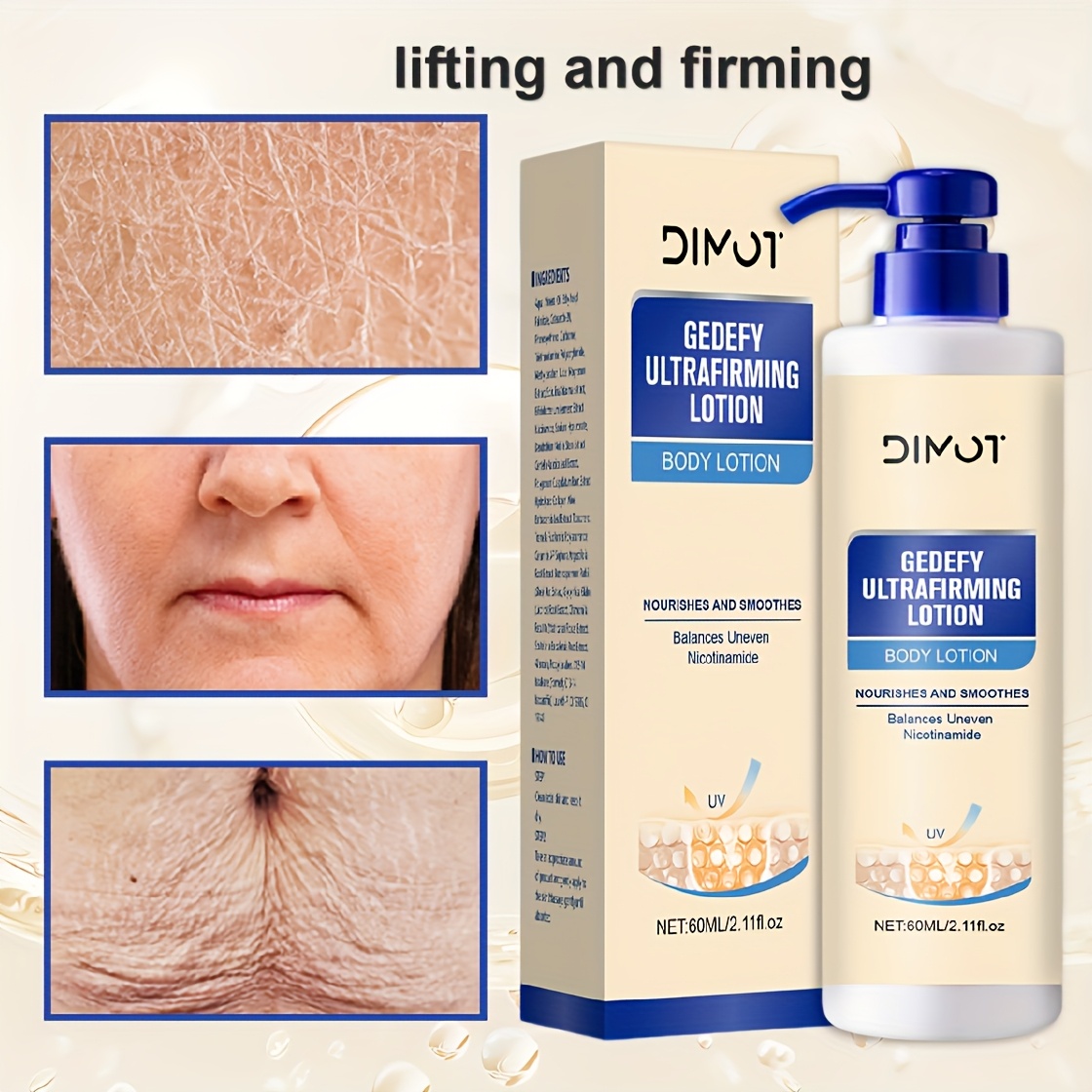 DIMOT 60ml Ultrafirming i Lifting Losion za Tijelo - Bez Mirisa, Bez Alkohola, Dnevna i Noćna Hidratacija za Sve Tipove Svijetlo Bež Kože, Ugladi Sitne Linije, Povećava Elastičnost, Vlaži, Elegantno Pakiranje, Premium Njega Kože, Ženska Njega, Rutina Njege, Moderna Njega, Formula bez Alkohola - Slika 2