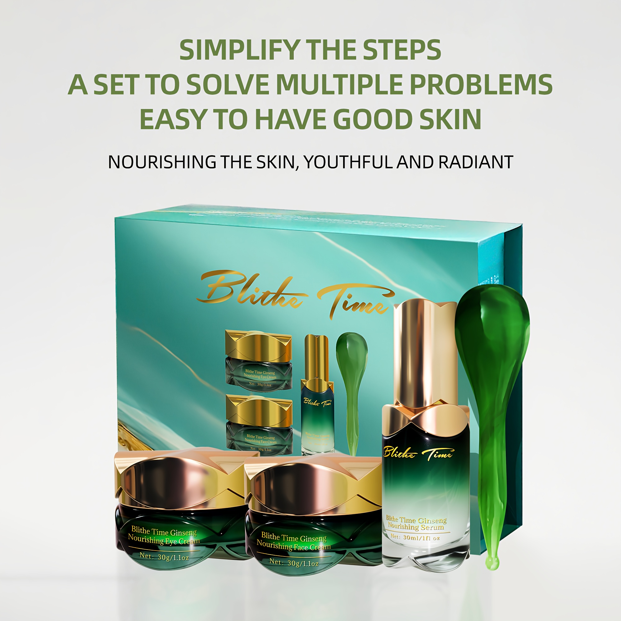 Blithe Time GINSENG HRANJIVI SET OD 4 KOMADA, SADRŽI KREMU ZA LICE, KREMU ZA OČI, ULJE ZA LICE, ŠTAPIĆ ZA MASAŽU LICA, SADRŽI EKSTRAKT KORENJA GINSENGA I DRUGE BILJNE EKSTRAKTE, ZATEŽUJE SVJETLO BEŽ TON, SET ZA NJEGU KOŽE ZA ŽENE, ČINI SVJETLO BEŽ TON MLAĐIM - Slika 2