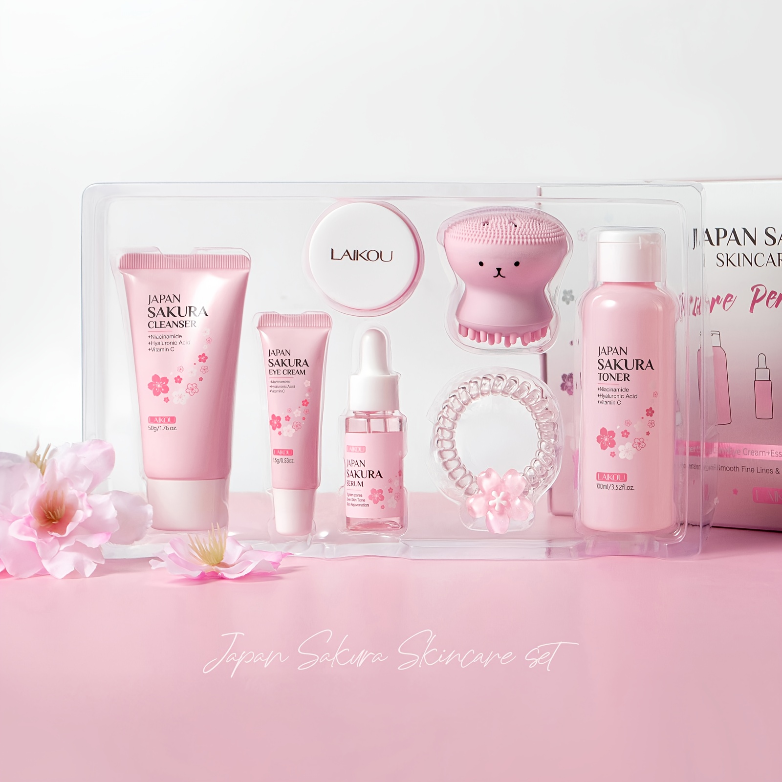 LAIKOU Sakura Poklon Kutija 7-dijelni Set za Njegu Kože, Niacinamid za Posvjetljivanje Protiv Otpadanja, Serum, Krema za Hidrataciju Lica, Krema za Oči, Tonik, Blago Čišćenje Lica, s Četkom za Kosu i Gumicom za Kosu, Rođendanski i Božićni Pokloni - Slika 6