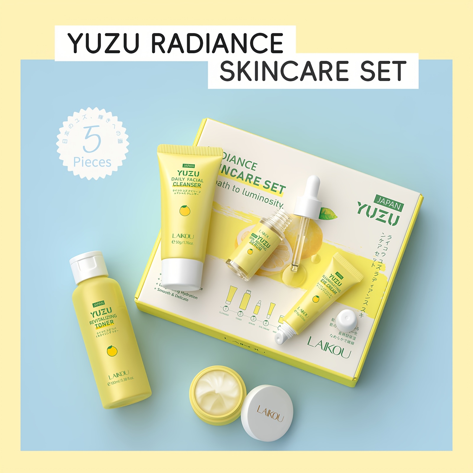 LAIKOU YUZU Njega lica svijetlo bež set od 5 komada, dnevna i noćna hidratantna krema 0.88oz, čistač 1.76oz, tonik 3.38fl.oz, krema za oči 0.53oz, serum 0.59fl.oz, s vitaminom C i niacinamidom – idealan rođendanski poklon za djevojku, sestru, majku - Slika 7