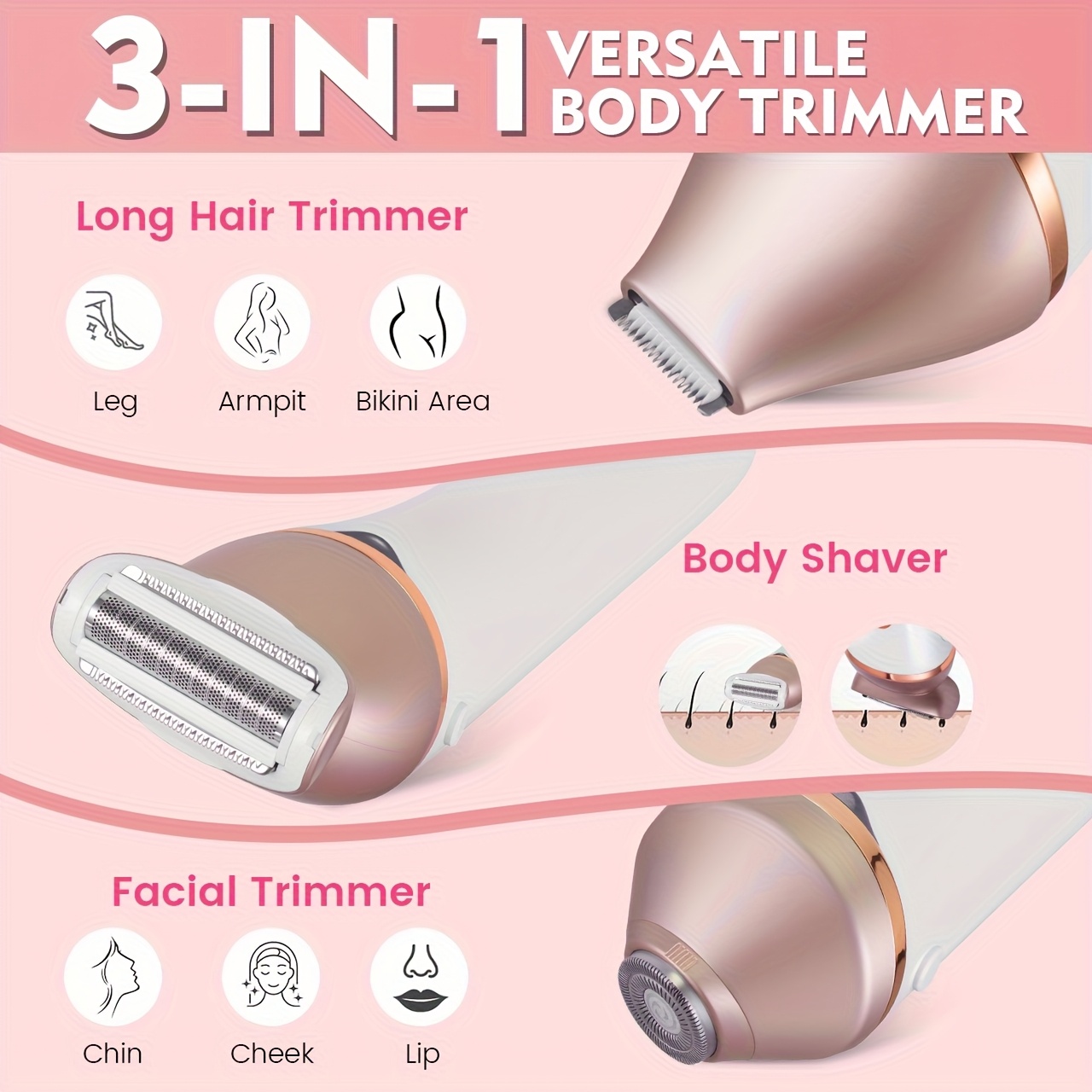 Ženski epilator za lice s tri glave | Punjivi, pametni boja riže ruža, oštrice od nehrđajućeg čelika, USB punjenje, marka HATTEKER, set tri u jedan za podplatice i intimno čišćenje, rođendanski poklon za djevojku, ceremonija za odrasle - Slika 4