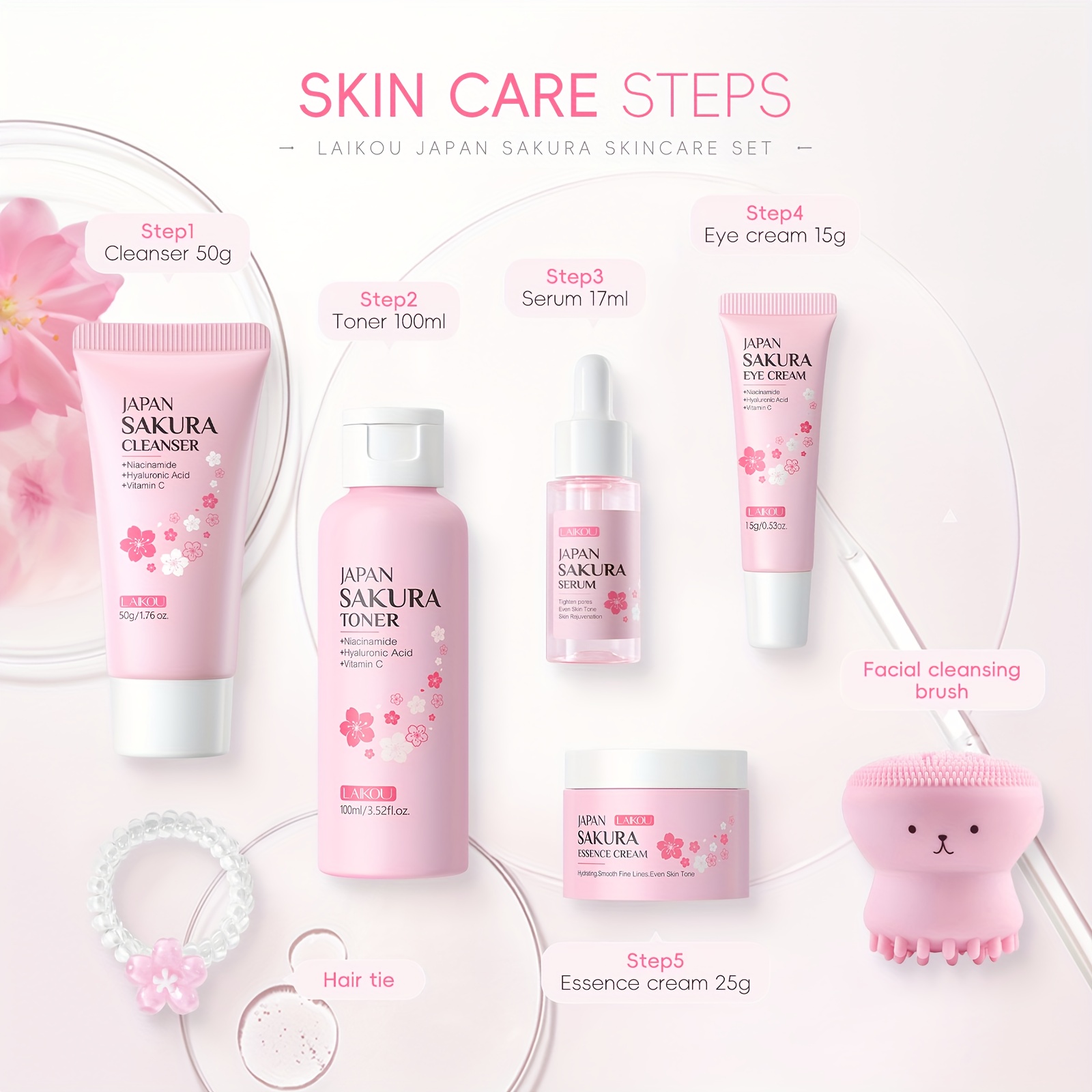 LAIKOU Sakura Poklon Kutija 7-dijelni Set za Njegu Kože, Niacinamid za Posvjetljivanje Protiv Otpadanja, Serum, Krema za Hidrataciju Lica, Krema za Oči, Tonik, Blago Čišćenje Lica, s Četkom za Kosu i Gumicom za Kosu, Rođendanski i Božićni Pokloni - Slika 7