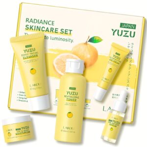 LAIKOU YUZU Njega lica svijetlo bež set od 5 komada, dnevna i noćna hidratantna krema 0.88oz, čistač 1.76oz, tonik 3.38fl.oz, krema za oči 0.53oz, serum 0.59fl.oz, s vitaminom C i niacinamidom – idealan rođendanski poklon za djevojku, sestru, majku