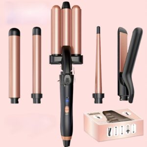 3-Cijevna Uređaj za Kovrčanje, 5-u-1 Uređaj za Kovrčanje s Ravnalom, Podesivim Valovima, Uređajem za Kovrčanje i 2 Spojnice – Ljupki Poklon za Valentinovo ili Božić