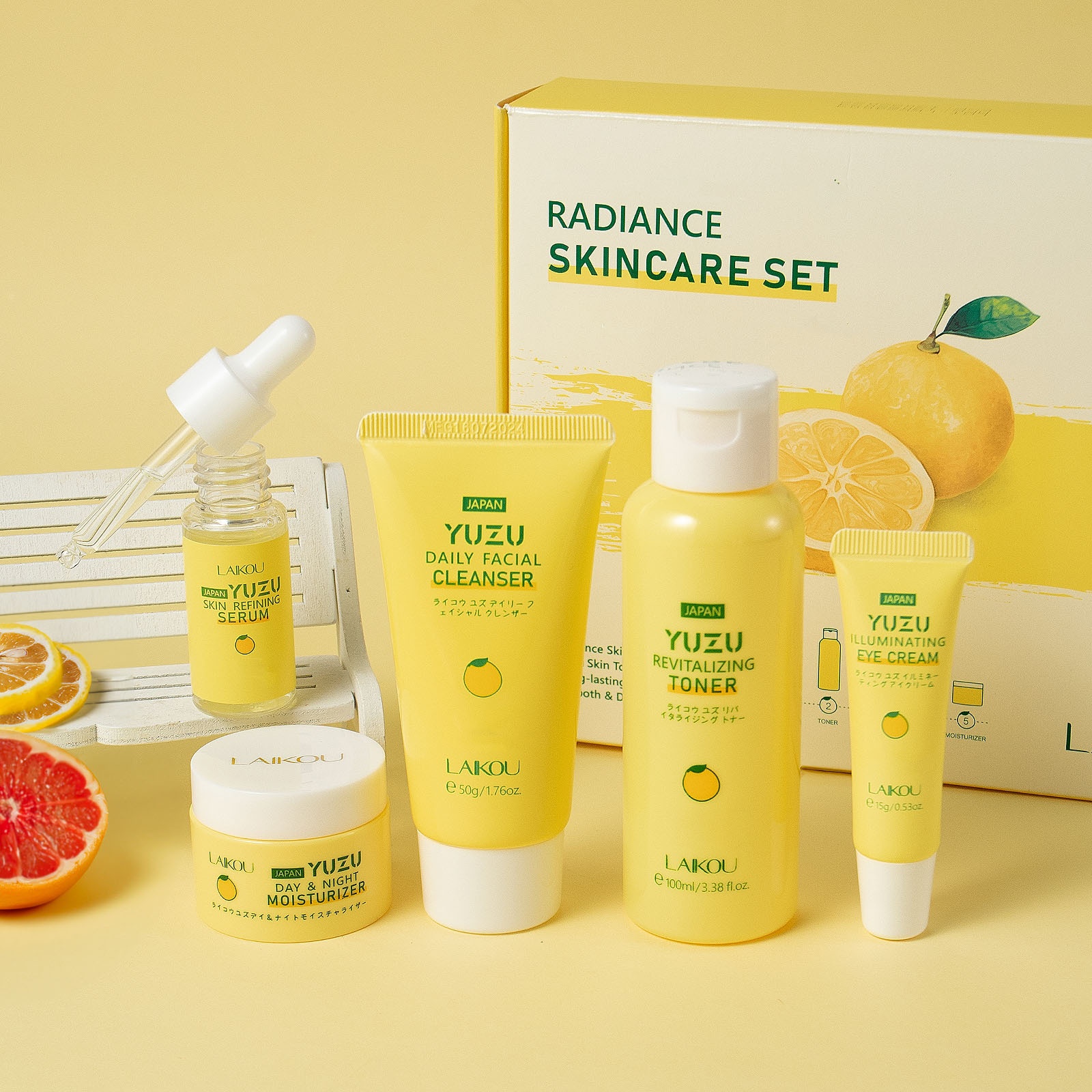 LAIKOU YUZU Njega lica svijetlo bež set od 5 komada, dnevna i noćna hidratantna krema 0.88oz, čistač 1.76oz, tonik 3.38fl.oz, krema za oči 0.53oz, serum 0.59fl.oz, s vitaminom C i niacinamidom – idealan rođendanski poklon za djevojku, sestru, majku - Slika 6