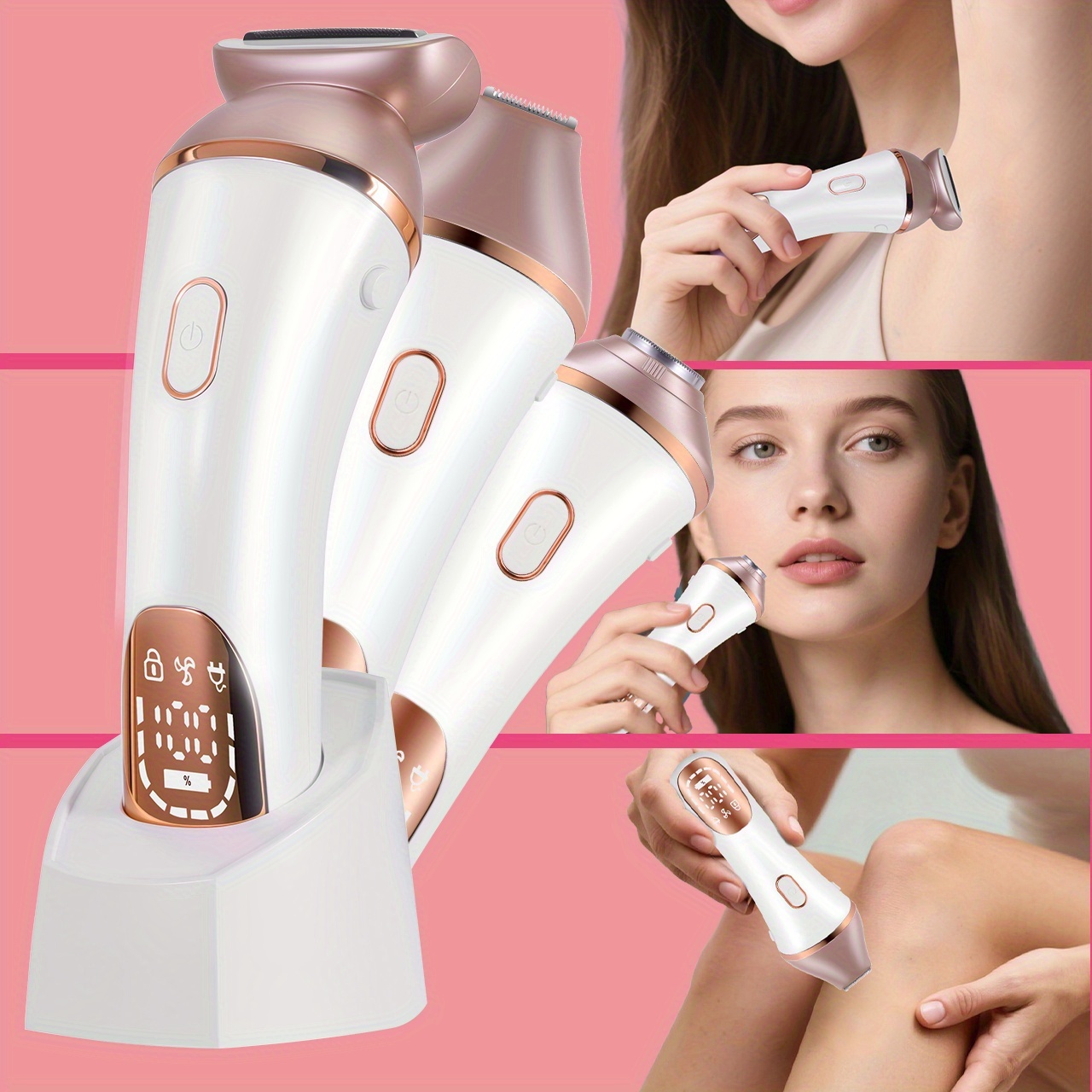 Ženski epilator za lice s tri glave | Punjivi, pametni boja riže ruža, oštrice od nehrđajućeg čelika, USB punjenje, marka HATTEKER, set tri u jedan za podplatice i intimno čišćenje, rođendanski poklon za djevojku, ceremonija za odrasle - Slika 2