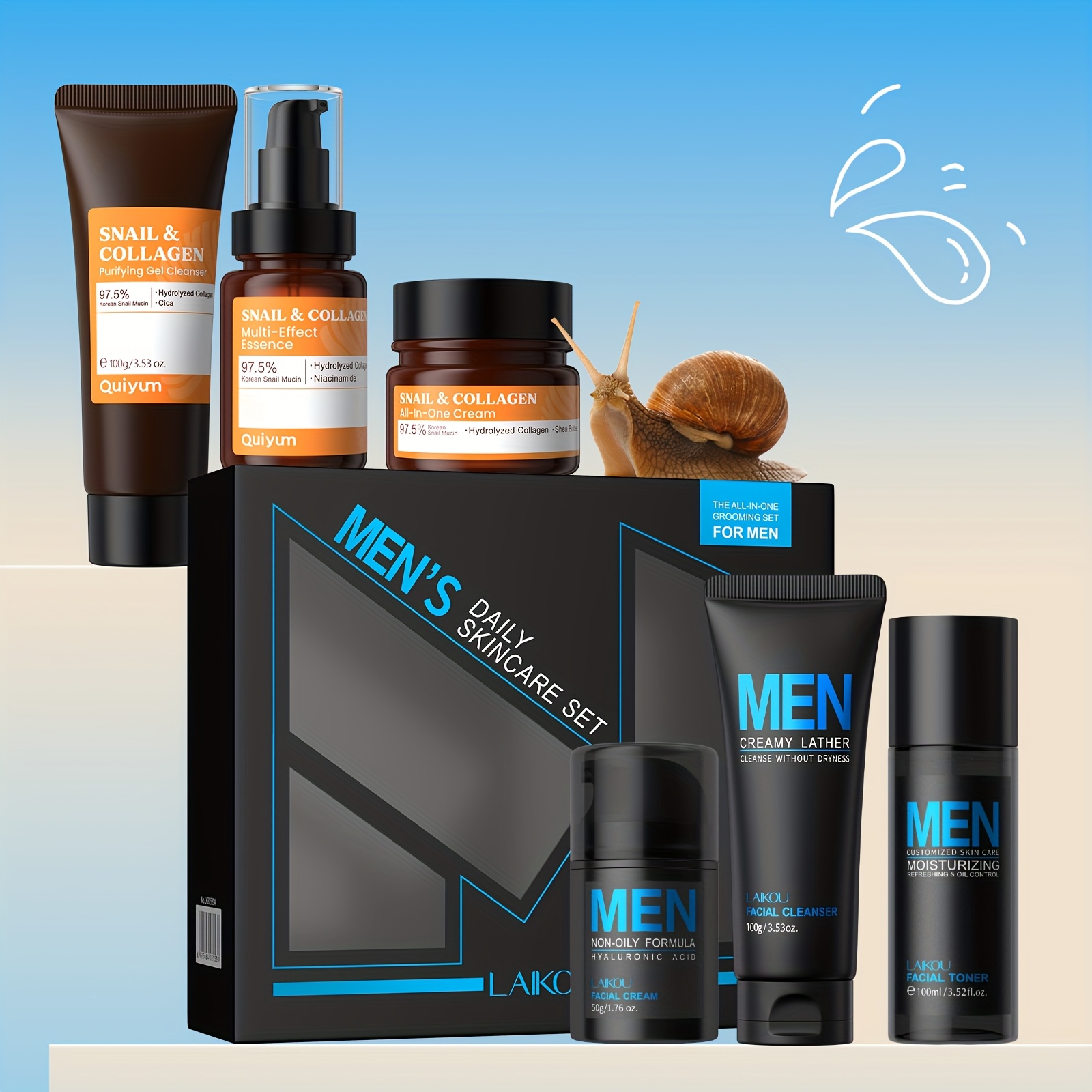 LAIKOU Korejski set za njegu kože s puževim sluzom - 9-proizvodna rutina (Essence od mucin 100ml, Piling/Tonik/Krema Dream) za muškarce i žene, osjetljivu i suhu beige njuštavnu kosmetiku, poklon za Valentinovo, svih tipova tena, azijska ljepota - Slika 3