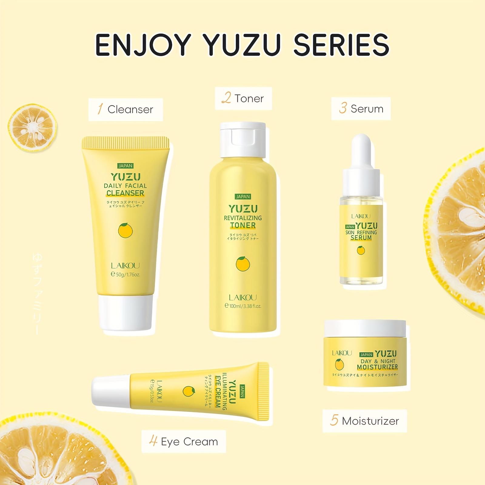 LAIKOU YUZU Njega lica svijetlo bež set od 5 komada, dnevna i noćna hidratantna krema 0.88oz, čistač 1.76oz, tonik 3.38fl.oz, krema za oči 0.53oz, serum 0.59fl.oz, s vitaminom C i niacinamidom – idealan rođendanski poklon za djevojku, sestru, majku - Slika 5