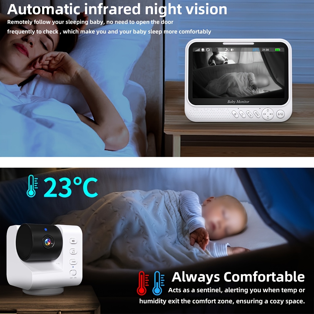 7-inčni bebi monitor, ugrađena baterija, dvosmjerni audio, infracrvena noćna vizija, podsjetnik za hranjenje, 4x elektronički zumiranje praćenja temperature, 8 funkcija uspavanke, PTZ kontrola, upravljanje tipkom, jednostavno korištenje, odličan pomoćnik dječjem rastu, Kompaktan dizajn,Moderni bebi - Slika 7