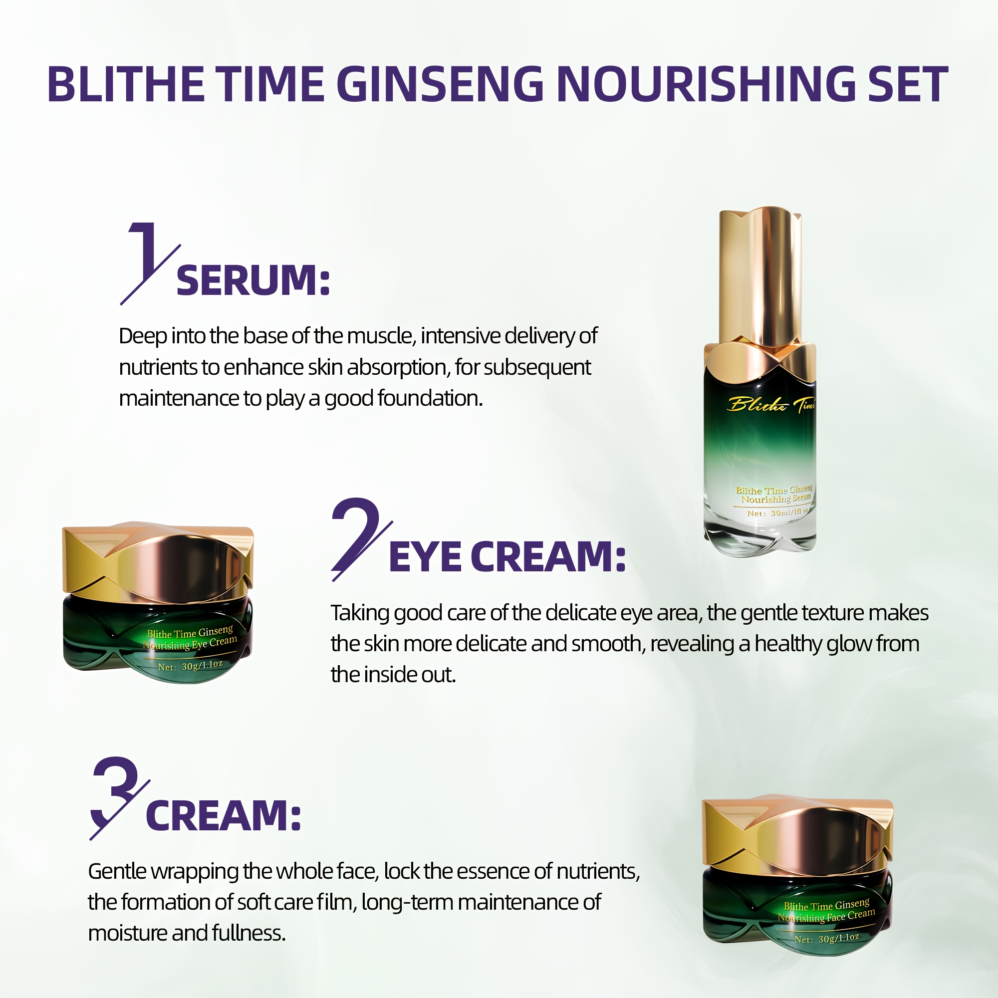4 komada Blithe Time Ginseng Set za njegu kože s ekstraktom korijena ginsenga - Hidratantni i učvršćujući gel za lice, putne veličine (veliki kapacitet), za sve svijetle bež tipove, gel za žene, luksuzni set za njegu kože kao poklon - Slika 8