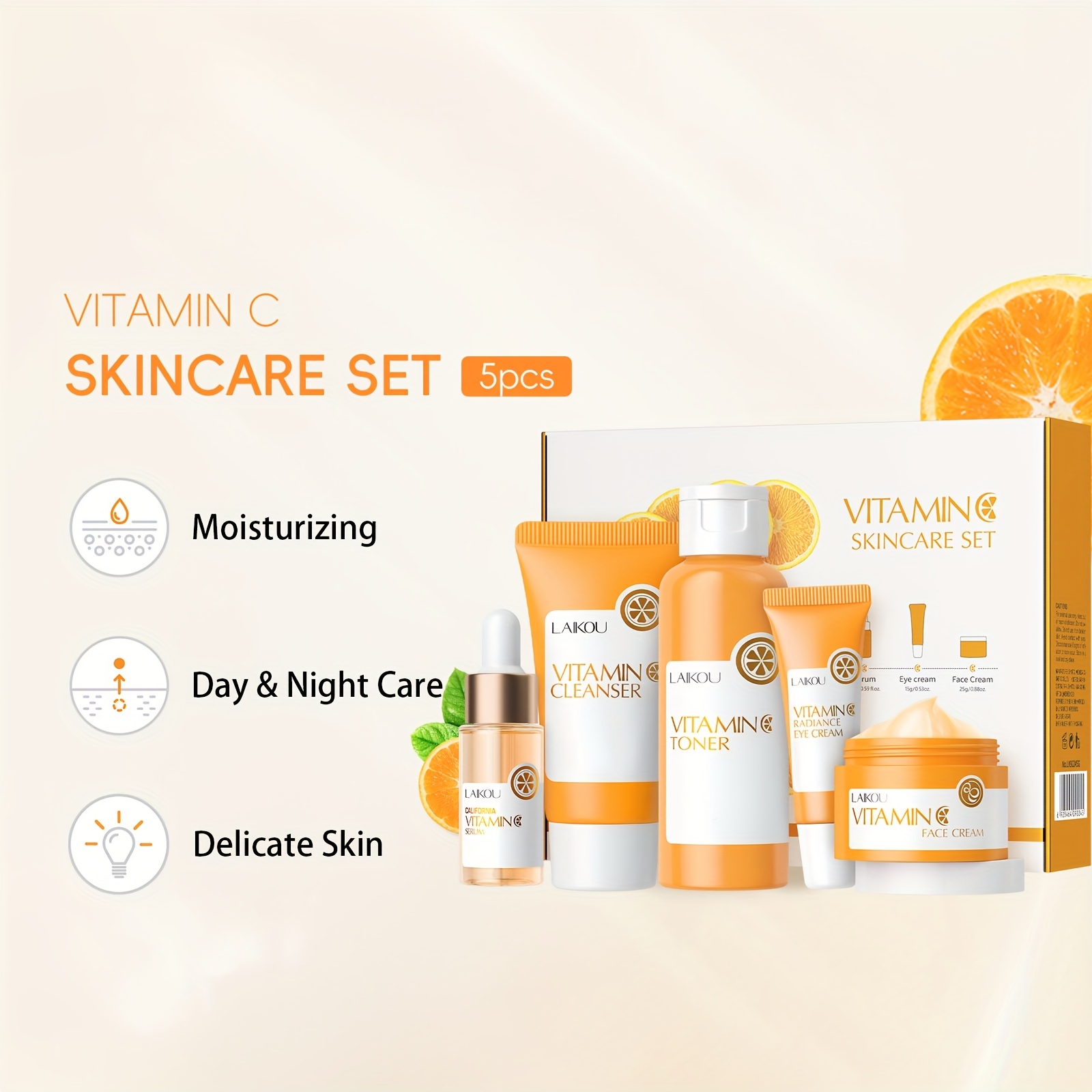 LAIKOU Vitamin C i Sakura Trešnjin Cvijet Svijetlo Bež Set za Njegu za Žene i Muškarce - Dnevni i Noćni Rutinski Komplet s Serumom Vitamina C za Posvjetljivanje i Sakura Proizvodima za Hidrataciju - Prikladno za Sve Tipove Svijetlo Bež Kože (Osjetljiva, Suha, Masna) - Idealno - Slika 2