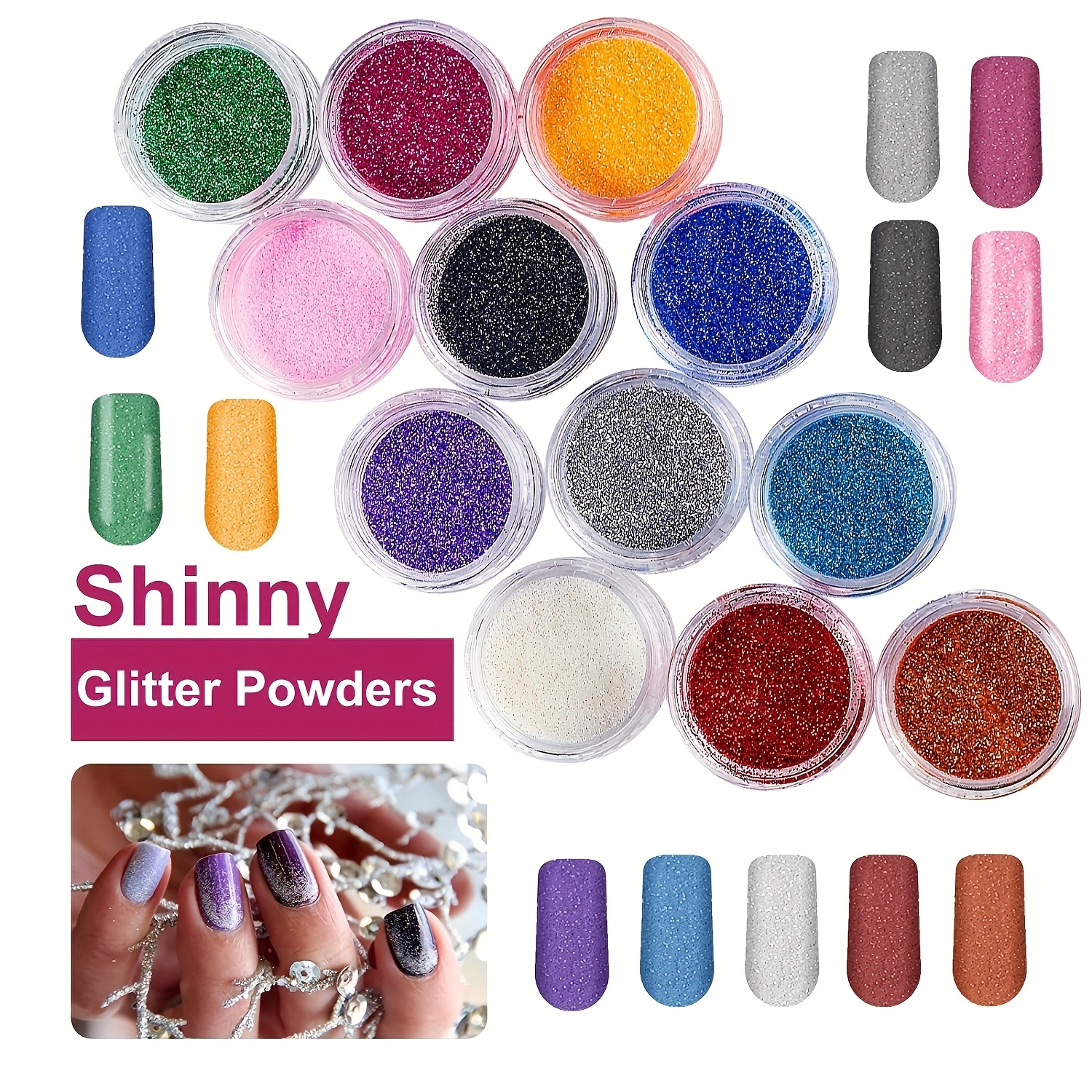 12 kompletnih uradi sam setova za nokte za početnike s glitter prahom, French tip sustavom (i), kliještima za nokte, četkicama i trakama za poliranje - Sve u jednom manikir setu za njegu noktiju, s korak po korak priručnikom (Poklon) - Slika 2