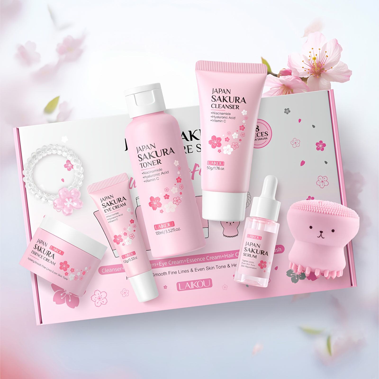 LAIKOU Sakura Poklon Kutija 7-dijelni Set za Njegu Kože, Niacinamid za Posvjetljivanje Protiv Otpadanja, Serum, Krema za Hidrataciju Lica, Krema za Oči, Tonik, Blago Čišćenje Lica, s Četkom za Kosu i Gumicom za Kosu, Rođendanski i Božićni Pokloni