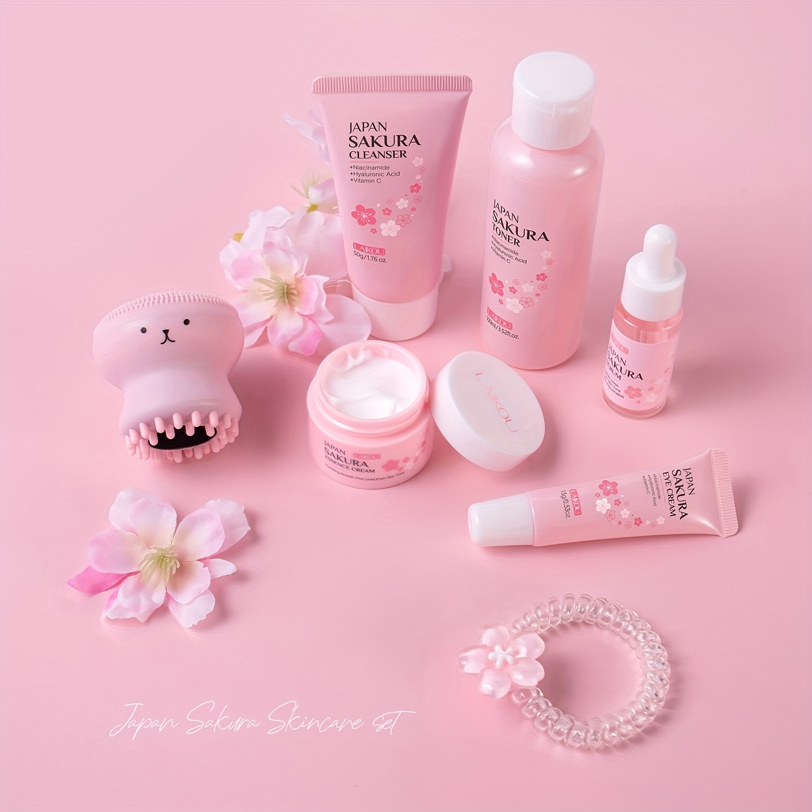 LAIKOU Sakura Poklon Kutija 7-dijelni Set za Njegu Kože, Niacinamid za Posvjetljivanje Protiv Otpadanja, Serum, Krema za Hidrataciju Lica, Krema za Oči, Tonik, Blago Čišćenje Lica, s Četkom za Kosu i Gumicom za Kosu, Rođendanski i Božićni Pokloni - Slika 2