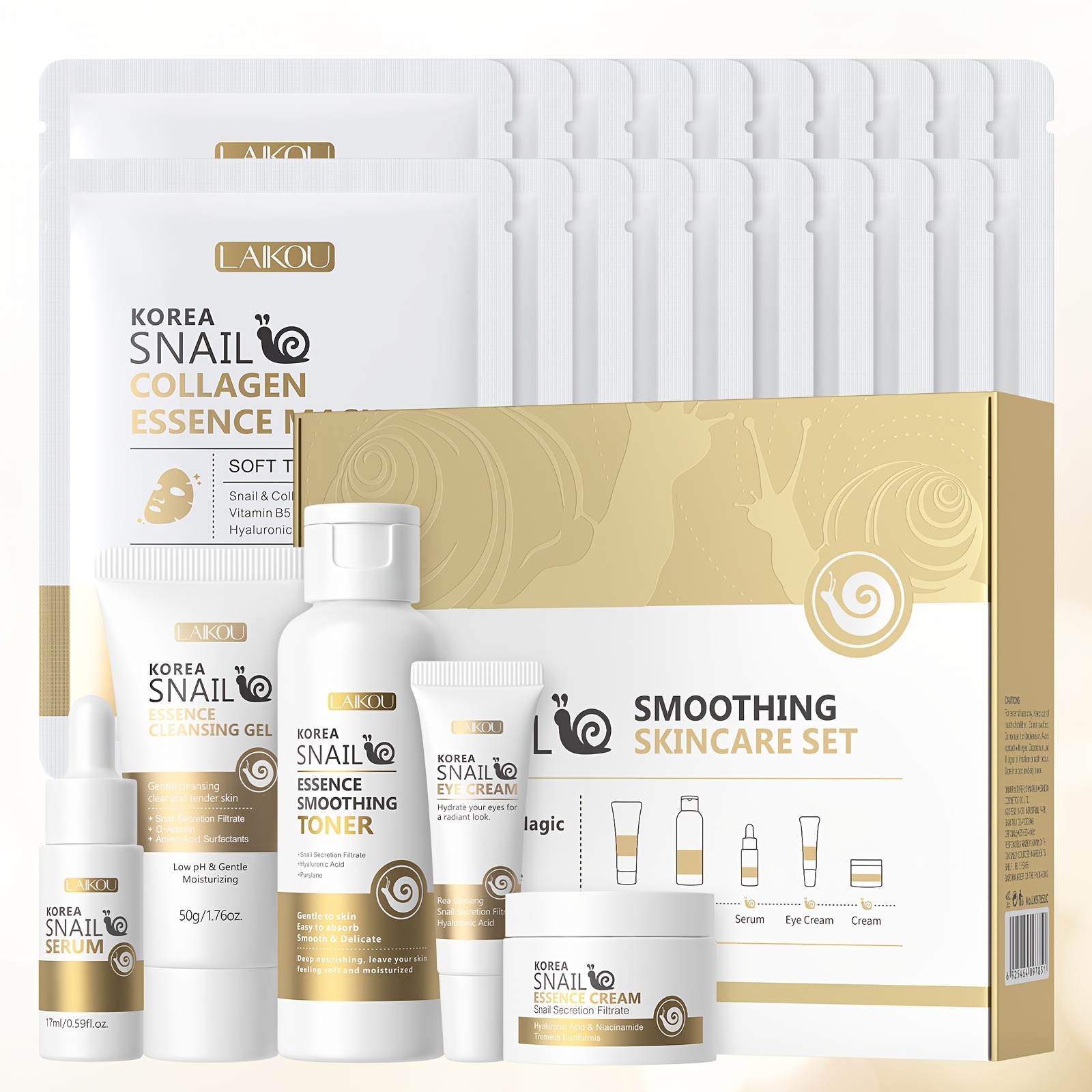 LAIKOU Korejski set za njegu kože sa puževim sluzom, tonik, serum zračnosti, krema oko očiju, crema lica, gelišteće sredstvo, 20 komada maska za licе, dubinska hidratacija, poklon za Valentinovo ili rođendan - Slika 3