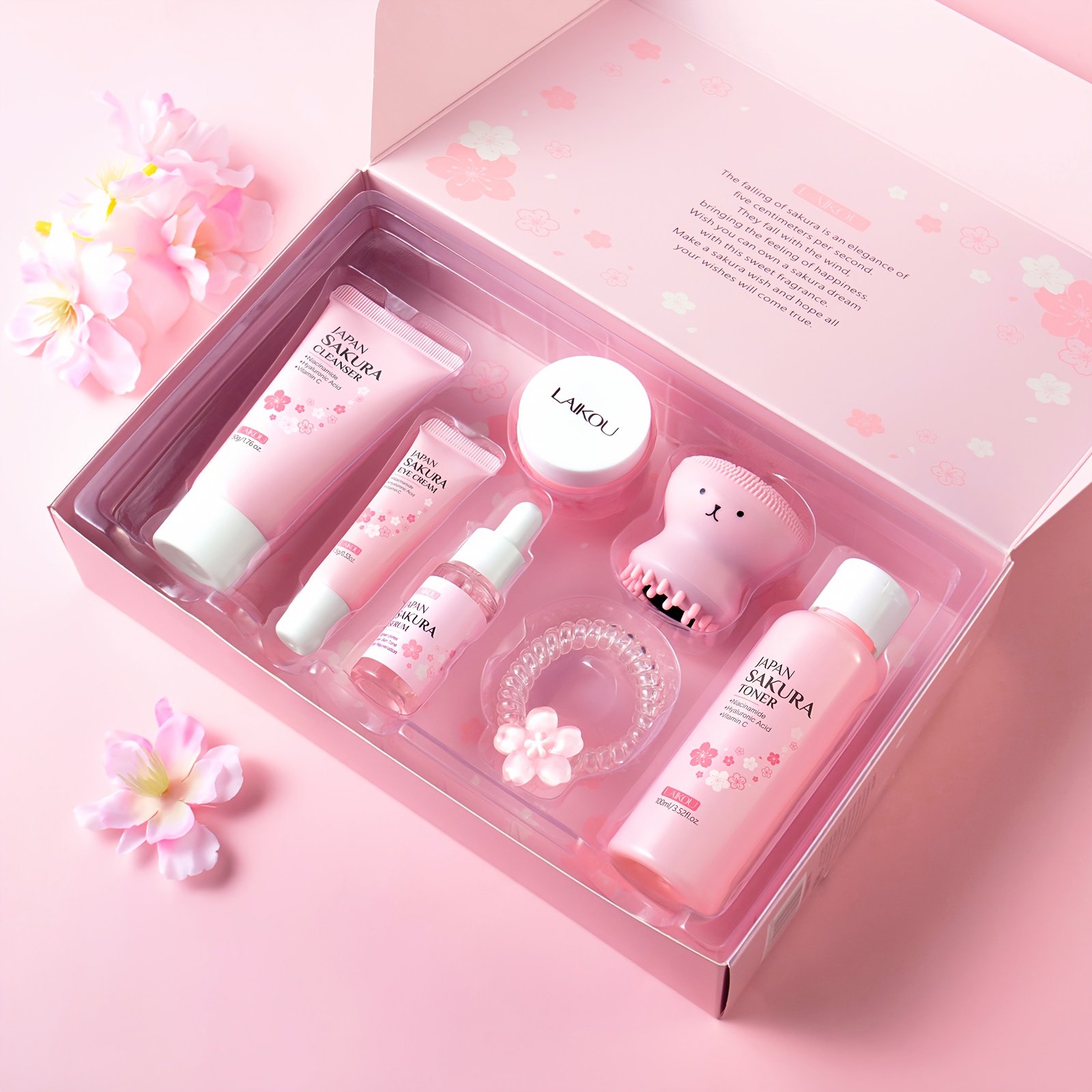 LAIKOU Sakura Poklon Kutija 7-dijelni Set za Njegu Kože, Niacinamid za Posvjetljivanje Protiv Otpadanja, Serum, Krema za Hidrataciju Lica, Krema za Oči, Tonik, Blago Čišćenje Lica, s Četkom za Kosu i Gumicom za Kosu, Rođendanski i Božićni Pokloni - Slika 3