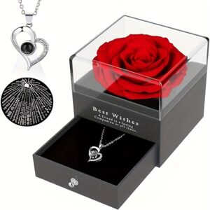 MONODEAL Vječna prava ruža, s ogrlicom I Love You, 100 jezika, prave ruže, cvjetni nakit, poklon kutija, ruža, romantična za vo, Majčin dan, Božić, rođendanski pokloni za nju