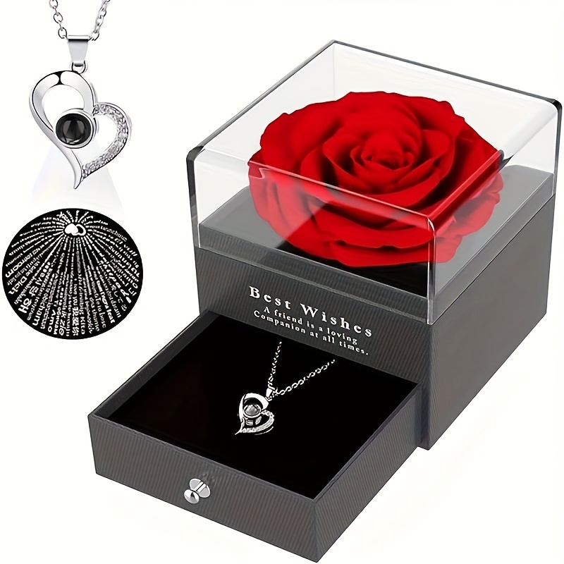 MONODEAL Vječna prava ruža, s ogrlicom I Love You, 100 jezika, prave ruže, cvjetni nakit, poklon kutija, ruža, romantična za vo, Majčin dan, Božić, rođendanski pokloni za nju