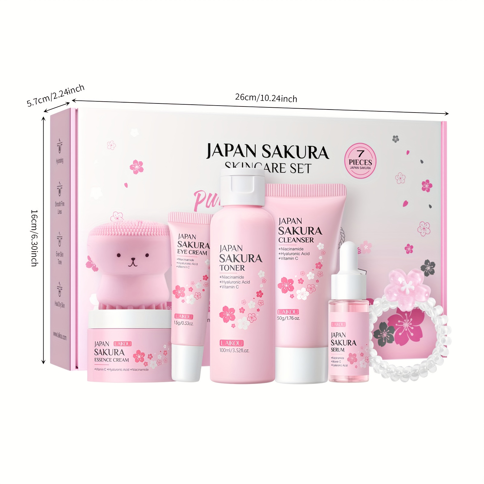 LAIKOU Sakura Poklon Kutija 7-dijelni Set za Njegu Kože, Niacinamid za Posvjetljivanje Protiv Otpadanja, Serum, Krema za Hidrataciju Lica, Krema za Oči, Tonik, Blago Čišćenje Lica, s Četkom za Kosu i Gumicom za Kosu, Rođendanski i Božićni Pokloni - Slika 4