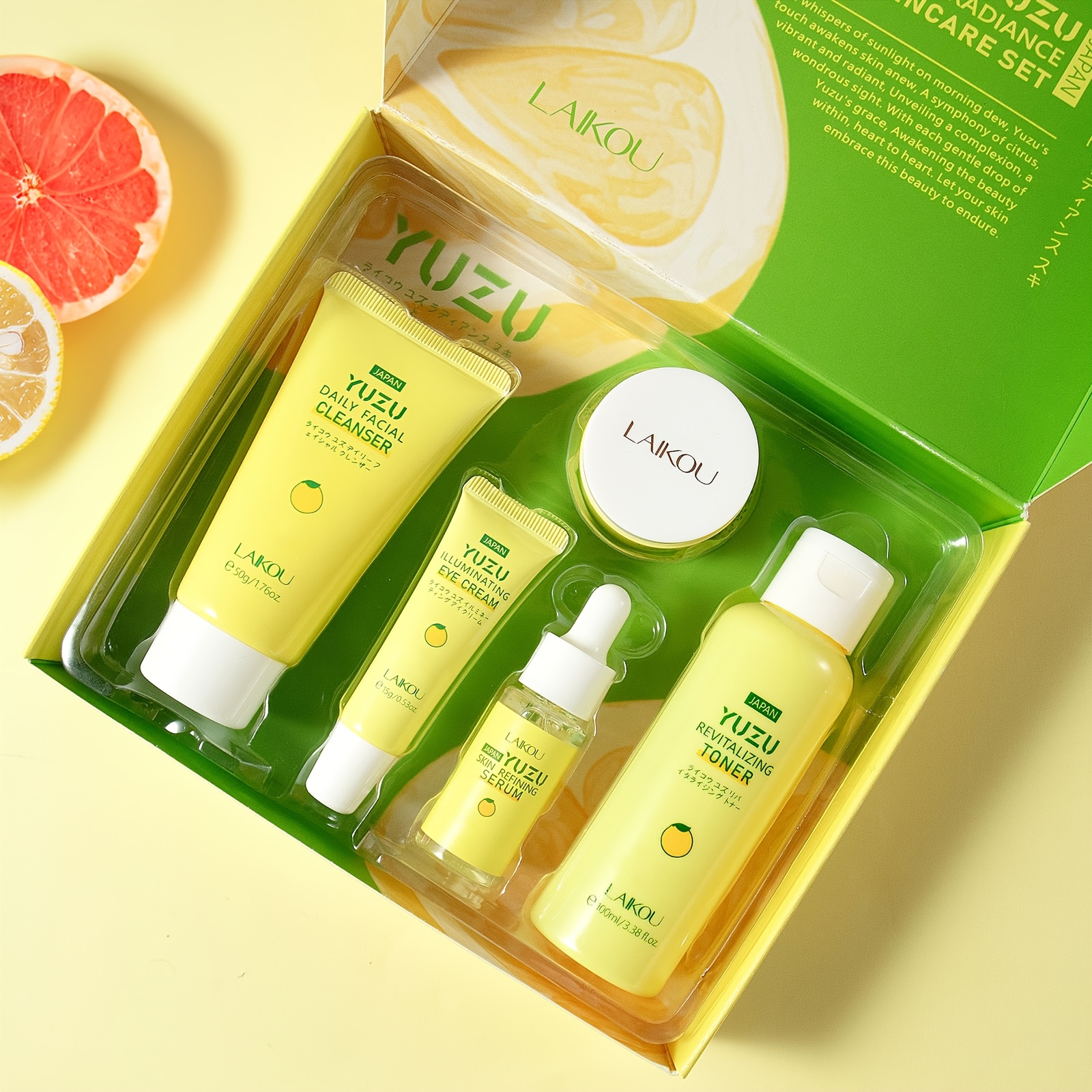 LAIKOU YUZU Njega lica svijetlo bež set od 5 komada, dnevna i noćna hidratantna krema 0.88oz, čistač 1.76oz, tonik 3.38fl.oz, krema za oči 0.53oz, serum 0.59fl.oz, s vitaminom C i niacinamidom – idealan rođendanski poklon za djevojku, sestru, majku - Slika 9