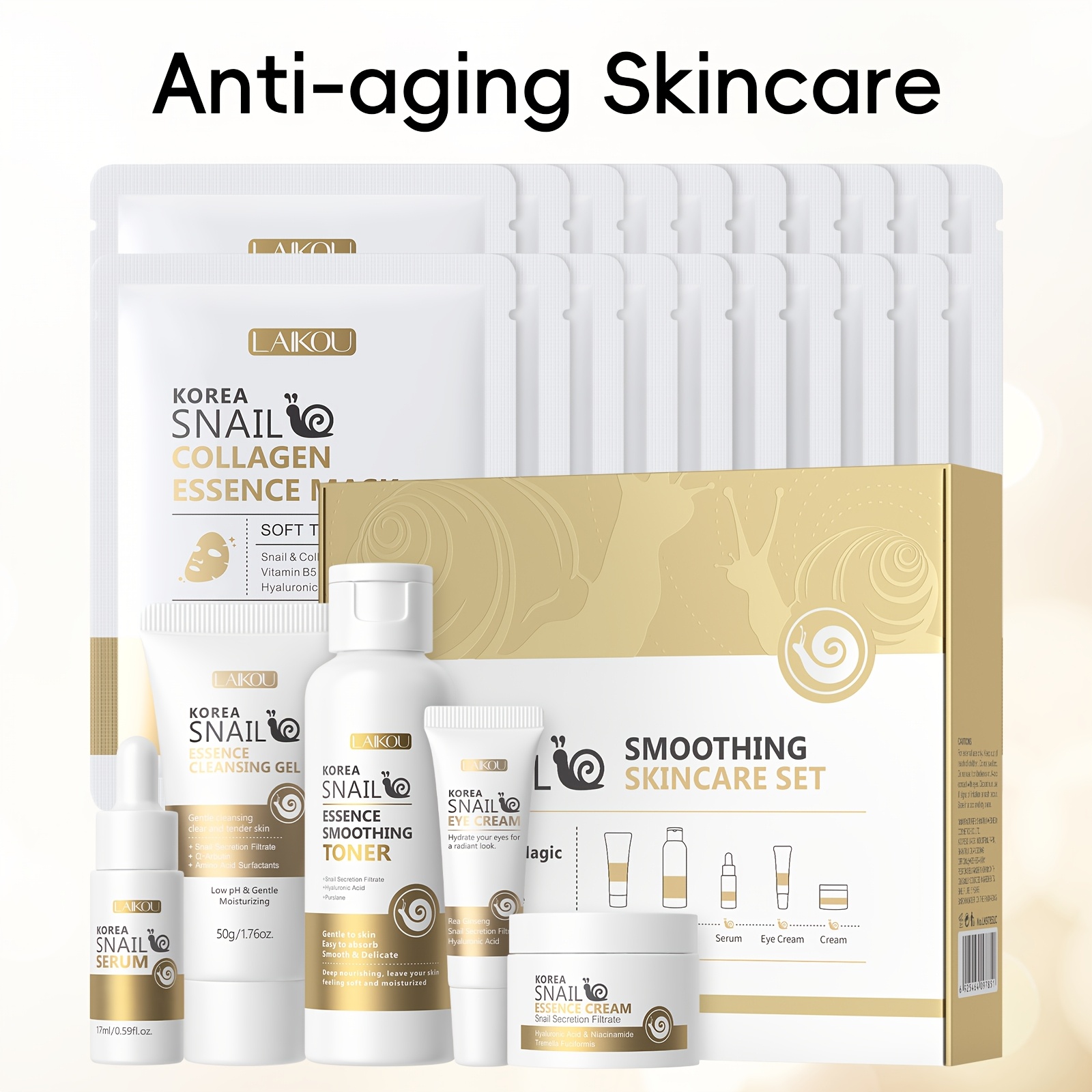 LAIKOU Korejski set za njegu kože sa puževim sluzom, tonik, serum zračnosti, krema oko očiju, crema lica, gelišteće sredstvo, 20 komada maska za licе, dubinska hidratacija, poklon za Valentinovo ili rođendan
