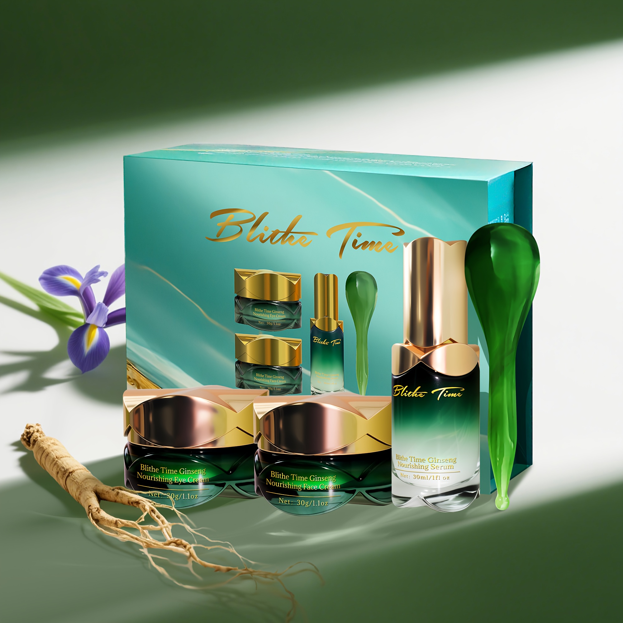 Blithe Time GINSENG HRANJIVI SET OD 4 KOMADA, SADRŽI KREMU ZA LICE, KREMU ZA OČI, ULJE ZA LICE, ŠTAPIĆ ZA MASAŽU LICA, SADRŽI EKSTRAKT KORENJA GINSENGA I DRUGE BILJNE EKSTRAKTE, ZATEŽUJE SVJETLO BEŽ TON, SET ZA NJEGU KOŽE ZA ŽENE, ČINI SVJETLO BEŽ TON MLAĐIM