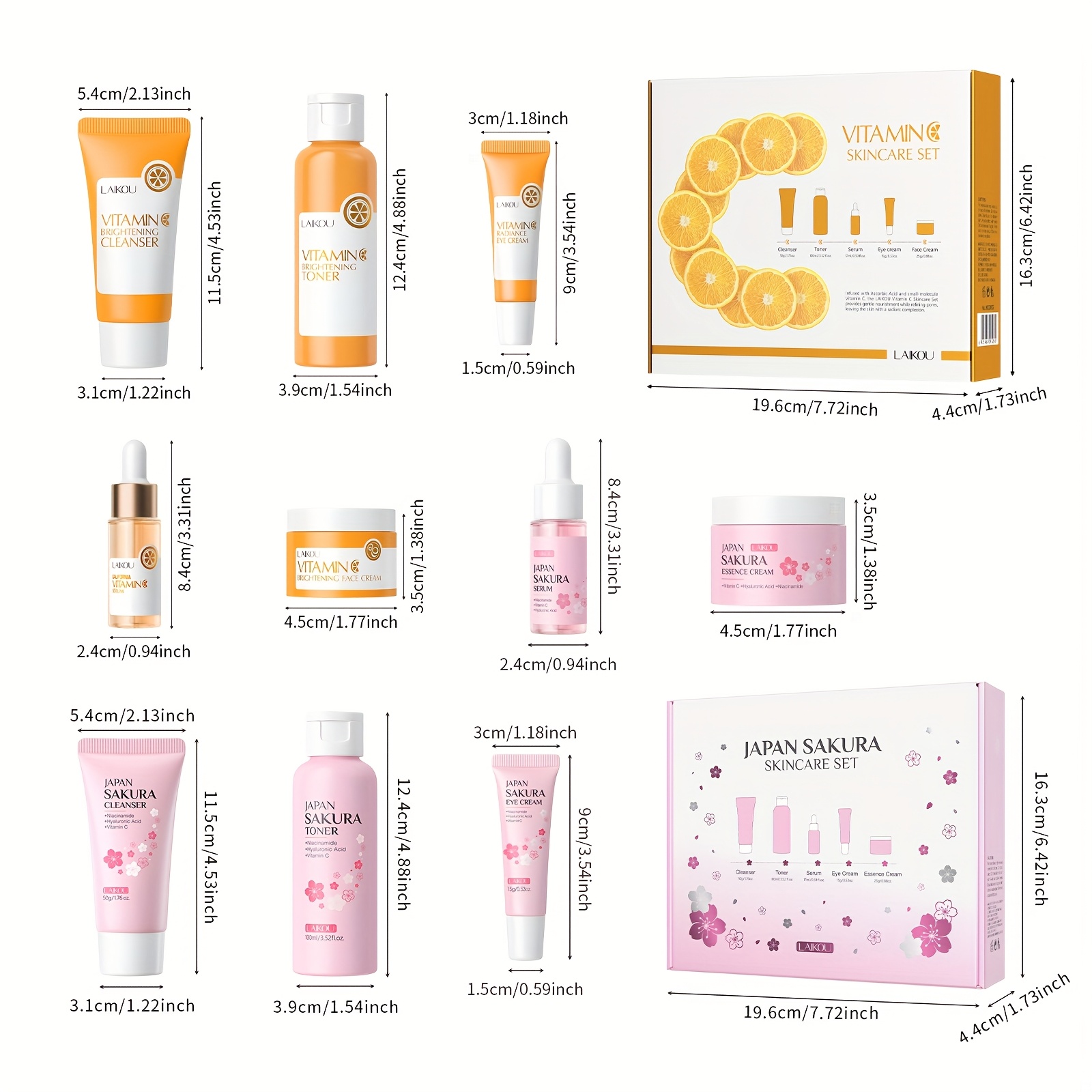 LAIKOU Vitamin C i Sakura Trešnjin Cvijet Svijetlo Bež Set za Njegu za Žene i Muškarce - Dnevni i Noćni Rutinski Komplet s Serumom Vitamina C za Posvjetljivanje i Sakura Proizvodima za Hidrataciju - Prikladno za Sve Tipove Svijetlo Bež Kože (Osjetljiva, Suha, Masna) - Idealno - Slika 4