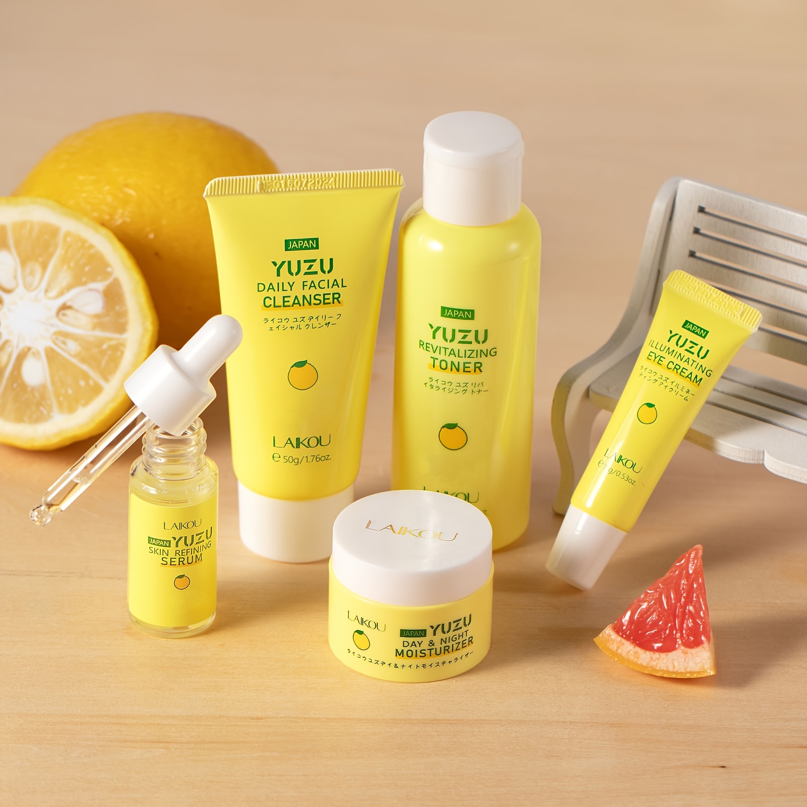 LAIKOU YUZU Njega lica svijetlo bež set od 5 komada, dnevna i noćna hidratantna krema 0.88oz, čistač 1.76oz, tonik 3.38fl.oz, krema za oči 0.53oz, serum 0.59fl.oz, s vitaminom C i niacinamidom – idealan rođendanski poklon za djevojku, sestru, majku - Slika 8