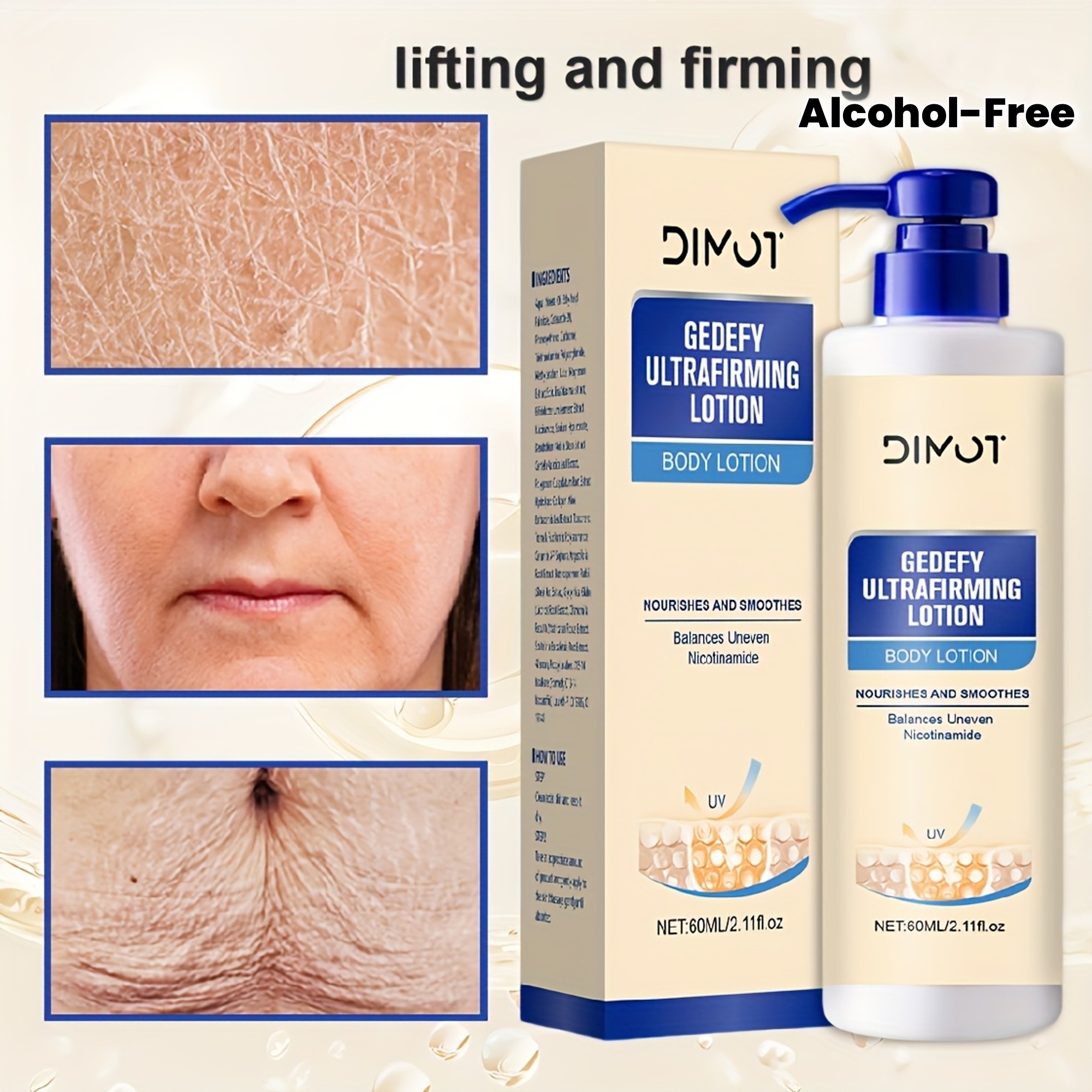 DIMOT 60ml Ultrafirming i Lifting Losion za Tijelo - Bez Mirisa, Bez Alkohola, Dnevna i Noćna Hidratacija za Sve Tipove Svijetlo Bež Kože, Ugladi Sitne Linije, Povećava Elastičnost, Vlaži, Elegantno Pakiranje, Premium Njega Kože, Ženska Njega, Rutina Njege, Moderna Njega, Formula bez Alkohola