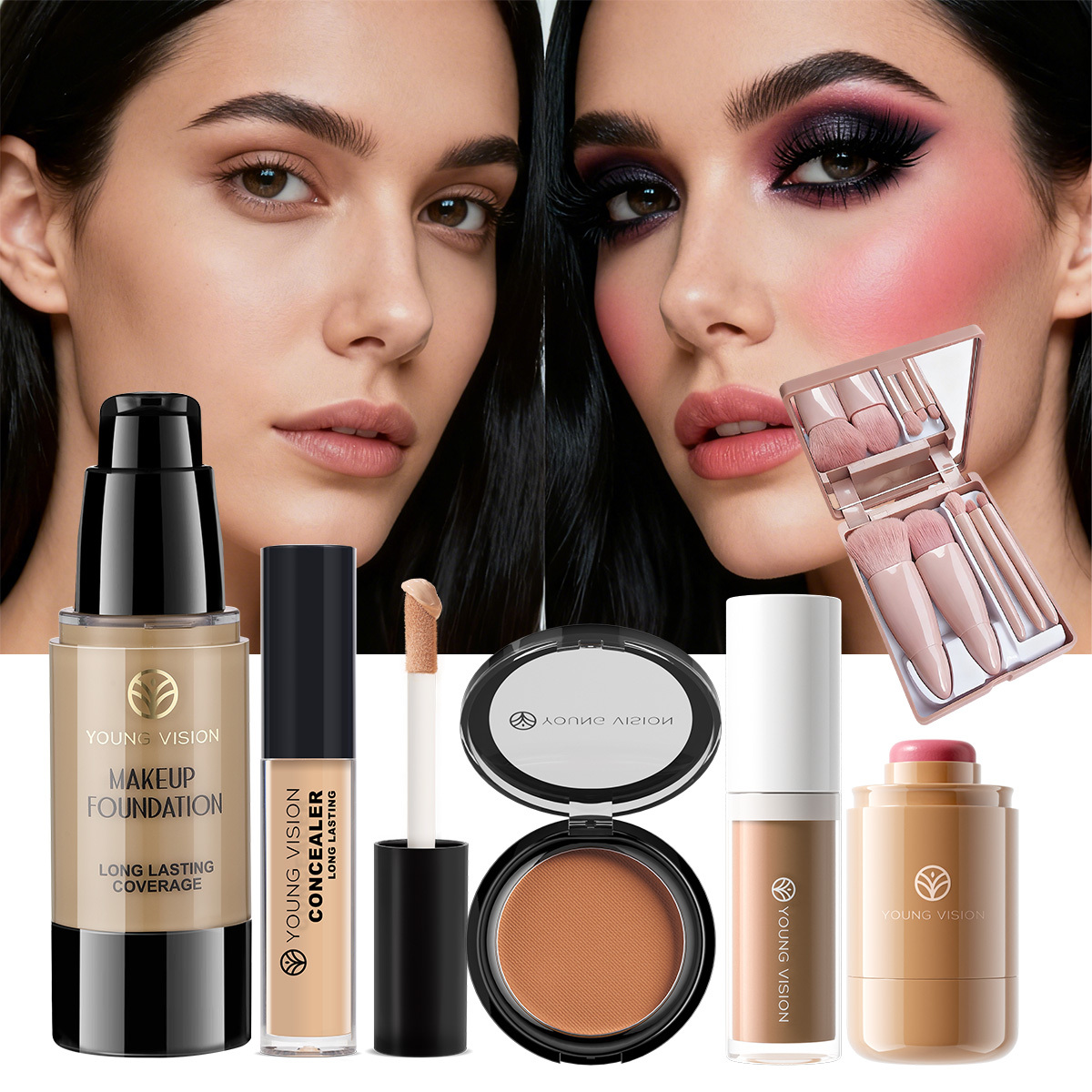 10 komada set za šminkanje lica s puderom, korektorom, konturom, rumenilom i mat bronzer prahom, uključuje 5 ružičastih četkica s kutijom s ogledalom, dugotrajni, prijenosni profesionalni set za šminkanje za žene, set za konturiranje, sveujedan set za šminkanje lica kao poklon - Slika 3