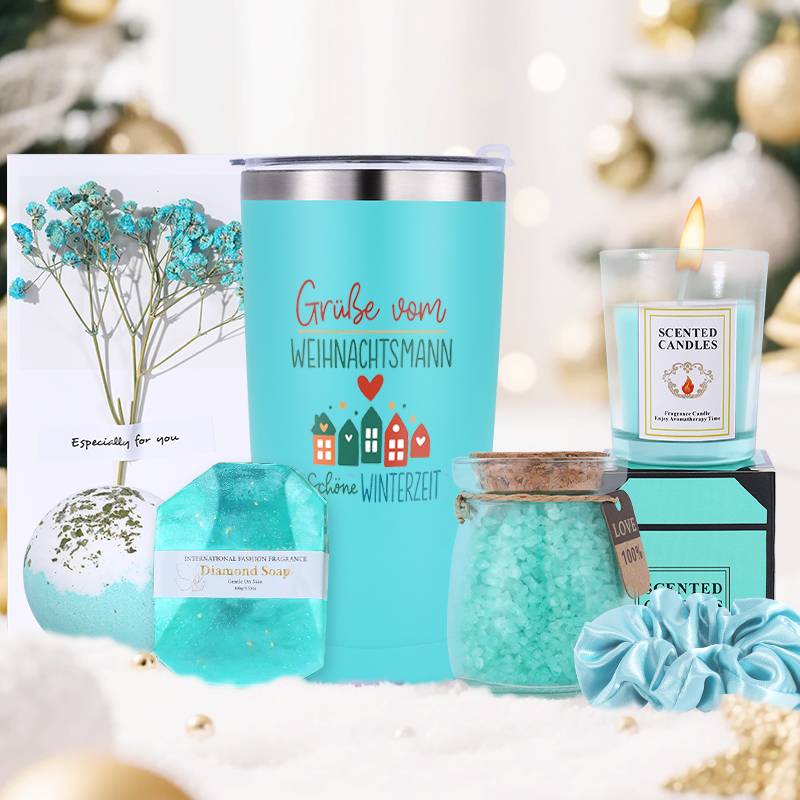 8-dijelni ženski set za spa poklon košaru - Elegantni tirkizni i crveni božićni paket za njegu s izoliranim čašama, mirisnom svijećom, solju za kupanje i sapunom - Dugotrajna svijeća od mješavine soje/čičakovog voska, poklon kutija za rođendane, Božić - Slika 7