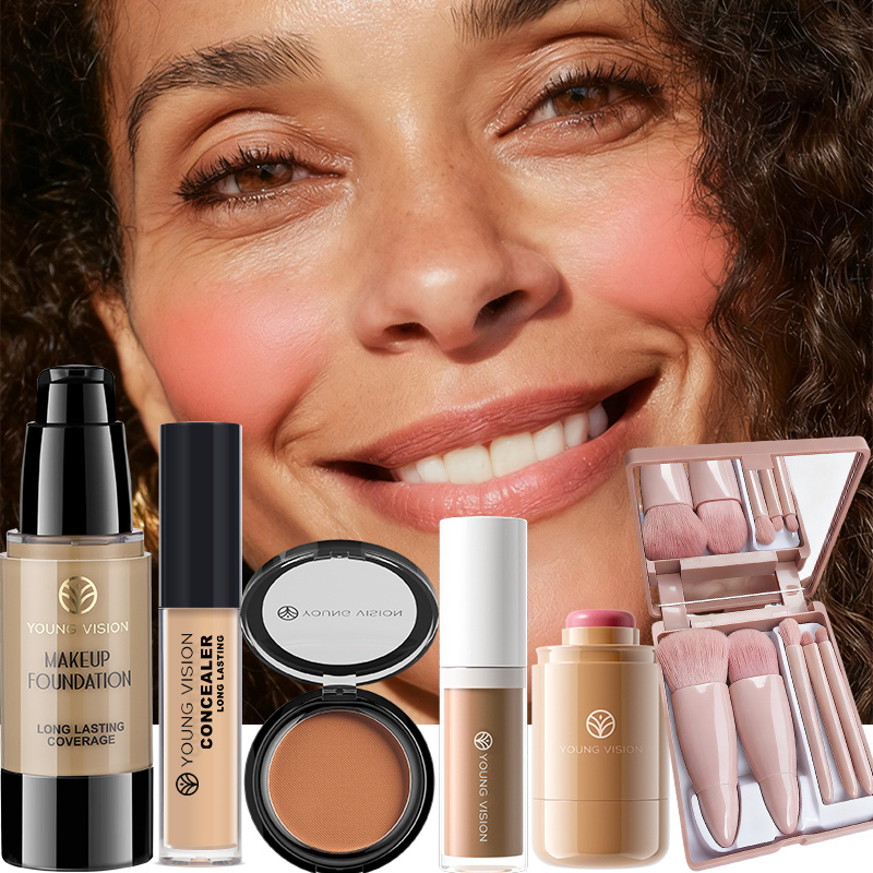 10 komada set za šminkanje lica s puderom, korektorom, konturom, rumenilom i mat bronzer prahom, uključuje 5 ružičastih četkica s kutijom s ogledalom, dugotrajni, prijenosni profesionalni set za šminkanje za žene, set za konturiranje, sveujedan set za šminkanje lica kao poklon - Slika 2