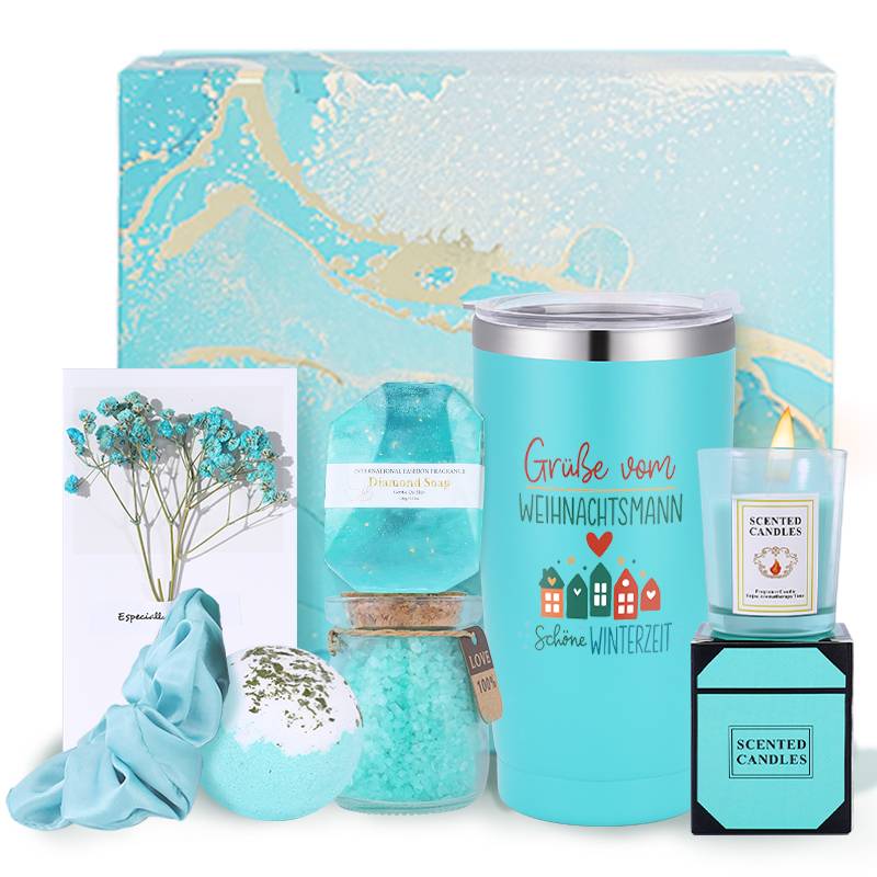 8-dijelni ženski set za spa poklon košaru - Elegantni tirkizni i crveni božićni paket za njegu s izoliranim čašama, mirisnom svijećom, solju za kupanje i sapunom - Dugotrajna svijeća od mješavine soje/čičakovog voska, poklon kutija za rođendane, Božić - Slika 3
